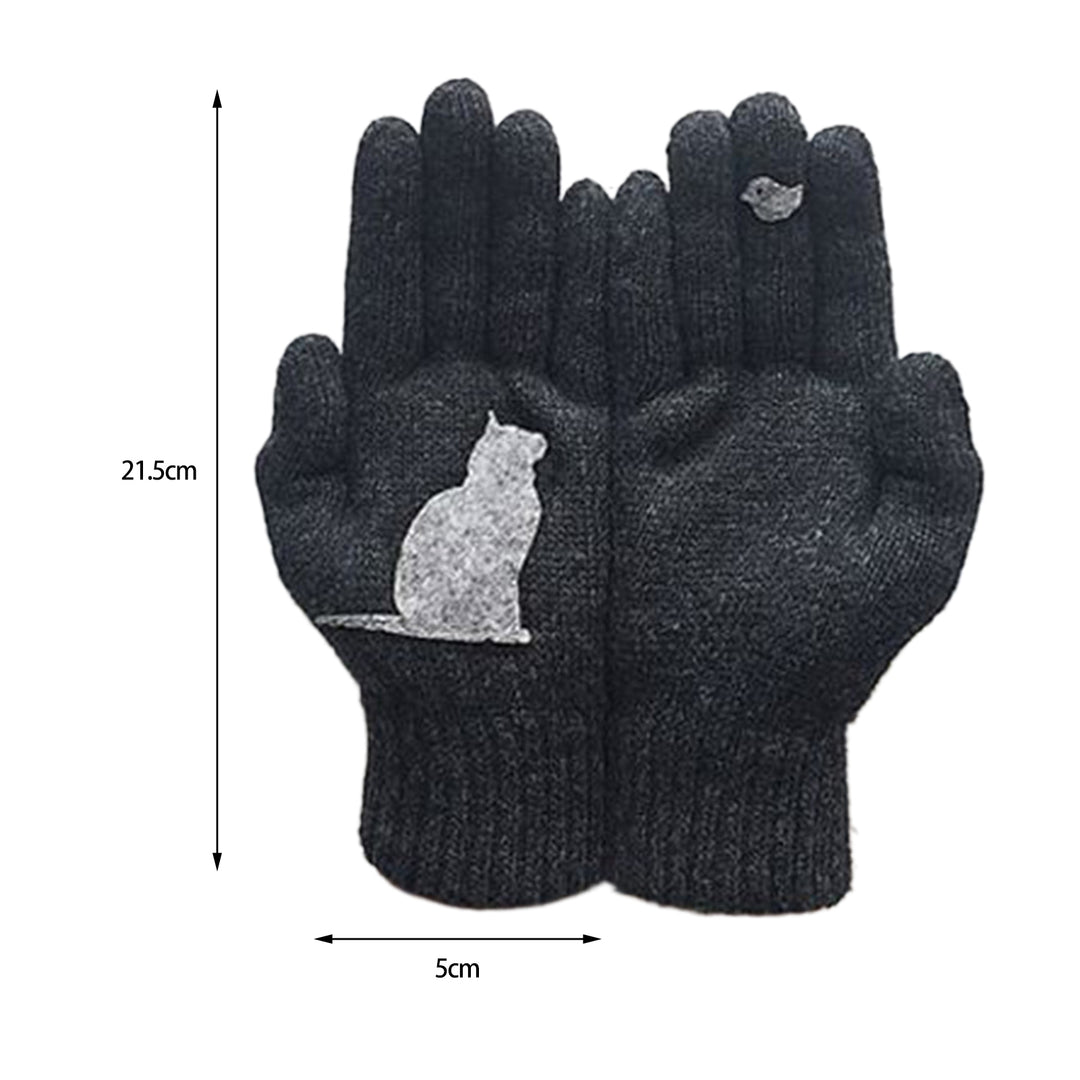 1 Pair Winter Gloves Touch Screen Elastic Bird Print Knitted All Fingers Keep Warm Anti-pilling Cat Pattern Ridding Image 10