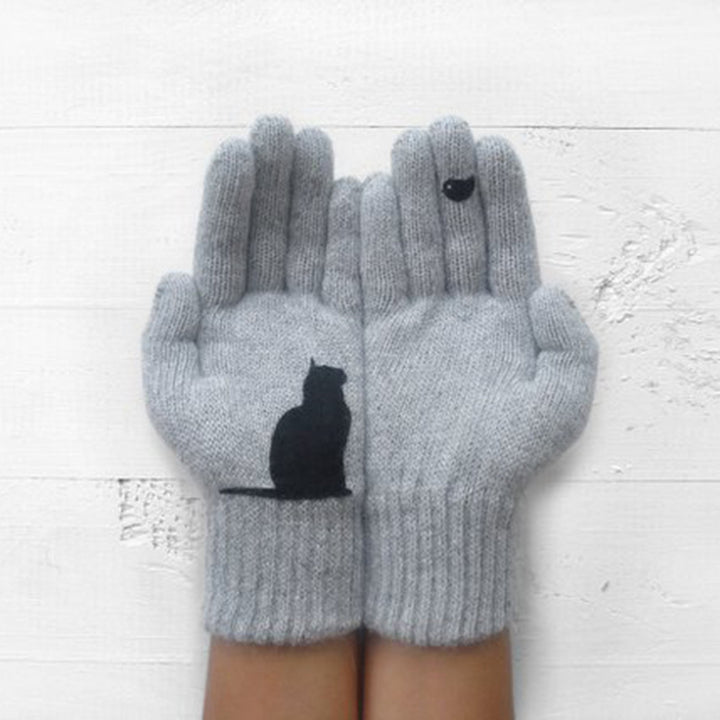 1 Pair Winter Gloves Touch Screen Elastic Bird Print Knitted All Fingers Keep Warm Anti-pilling Cat Pattern Ridding Image 11