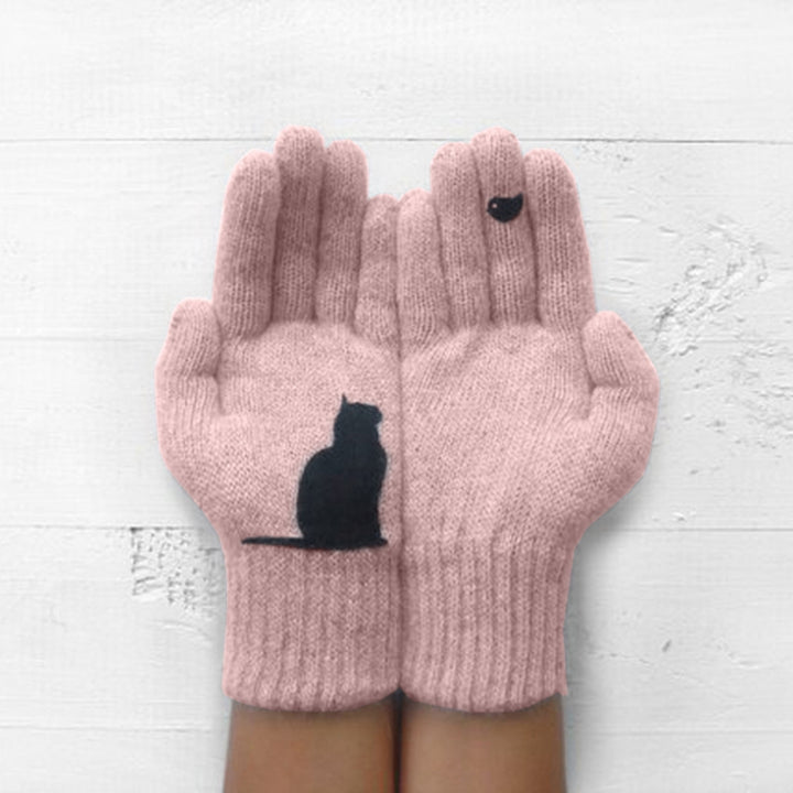 1 Pair Winter Gloves Touch Screen Elastic Bird Print Knitted All Fingers Keep Warm Anti-pilling Cat Pattern Ridding Image 12