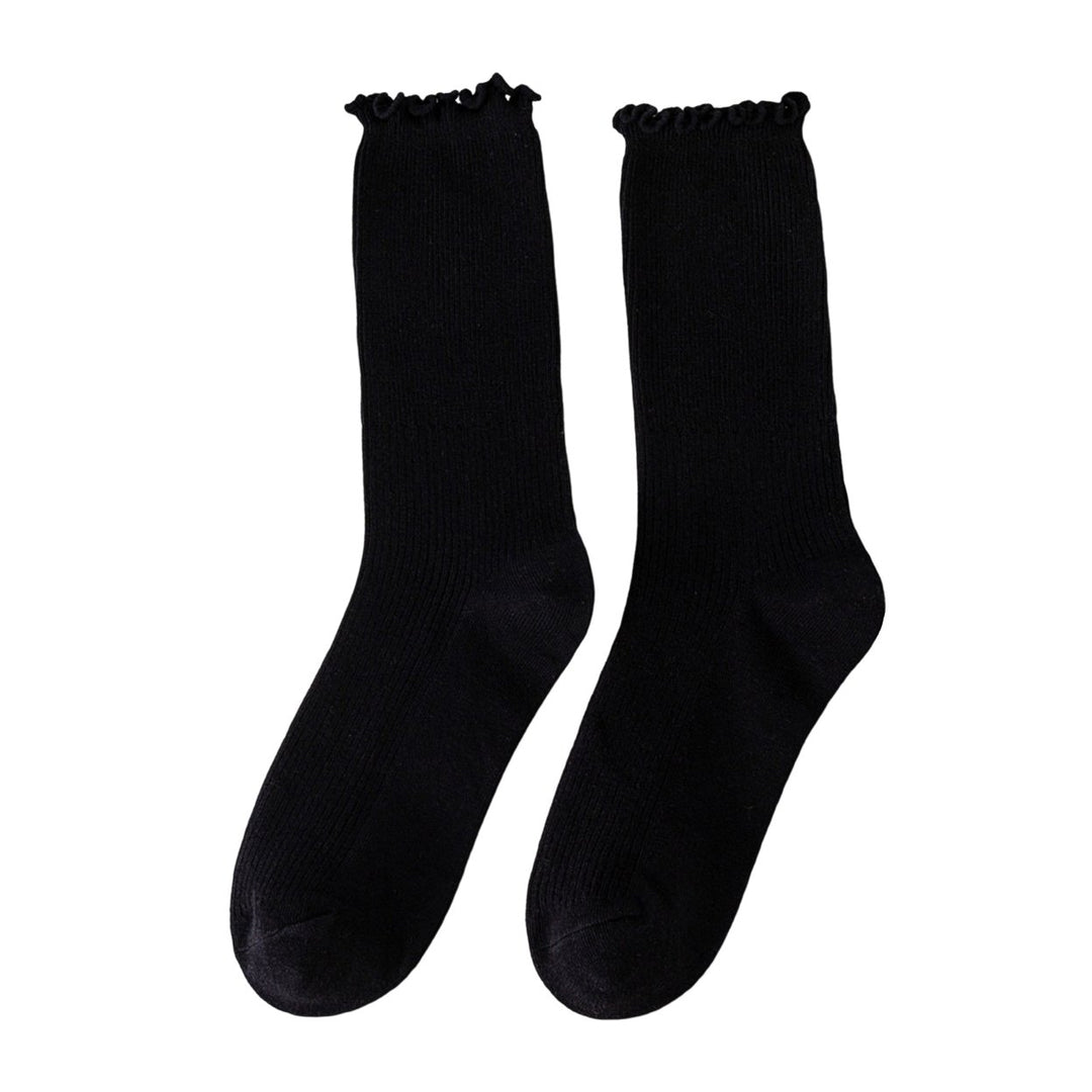 1 Pair Japanese Style Ribbed Solid Color Thermal Socks Spring Autumn Women Ruffle Cuffs Mid-Tube Socks Image 1