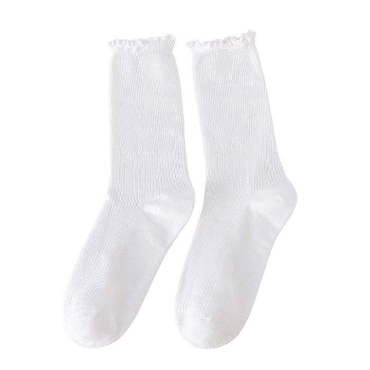 1 Pair Japanese Style Ribbed Solid Color Thermal Socks Spring Autumn Women Ruffle Cuffs Mid-Tube Socks Image 3