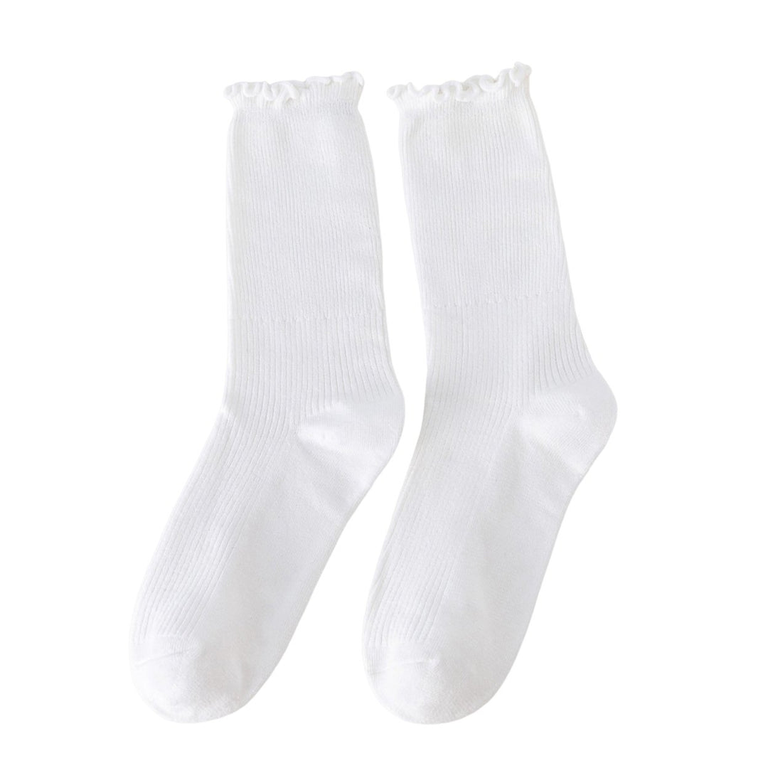 1 Pair Japanese Style Ribbed Solid Color Thermal Socks Spring Autumn Women Ruffle Cuffs Mid-Tube Socks Image 1
