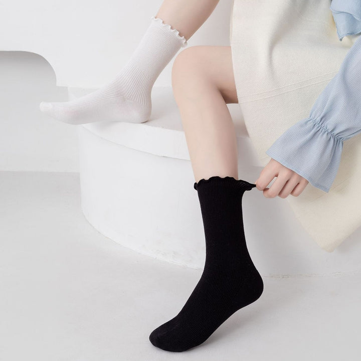 1 Pair Japanese Style Ribbed Solid Color Thermal Socks Spring Autumn Women Ruffle Cuffs Mid-Tube Socks Image 6