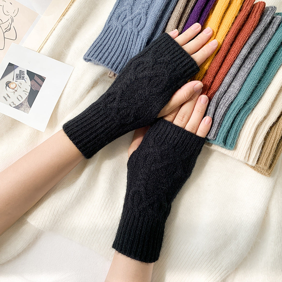 1 Pair Solid Color Ribbed Cuffs Thumbhole Design Knitted Gloves Unisex Korean Style Half-finger Mittens Arm Warmers Image 11