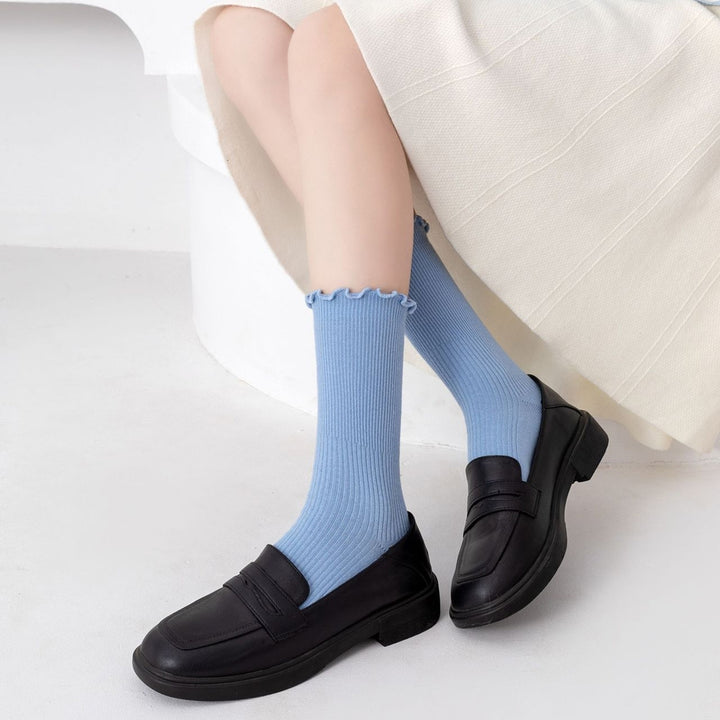 1 Pair Japanese Style Ribbed Solid Color Thermal Socks Spring Autumn Women Ruffle Cuffs Mid-Tube Socks Image 7