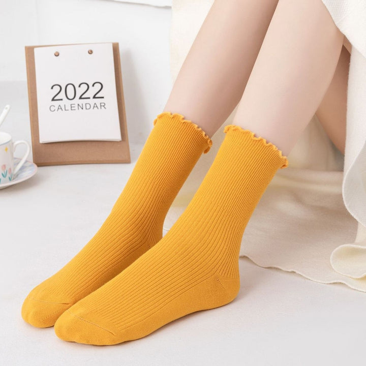 1 Pair Japanese Style Ribbed Solid Color Thermal Socks Spring Autumn Women Ruffle Cuffs Mid-Tube Socks Image 8