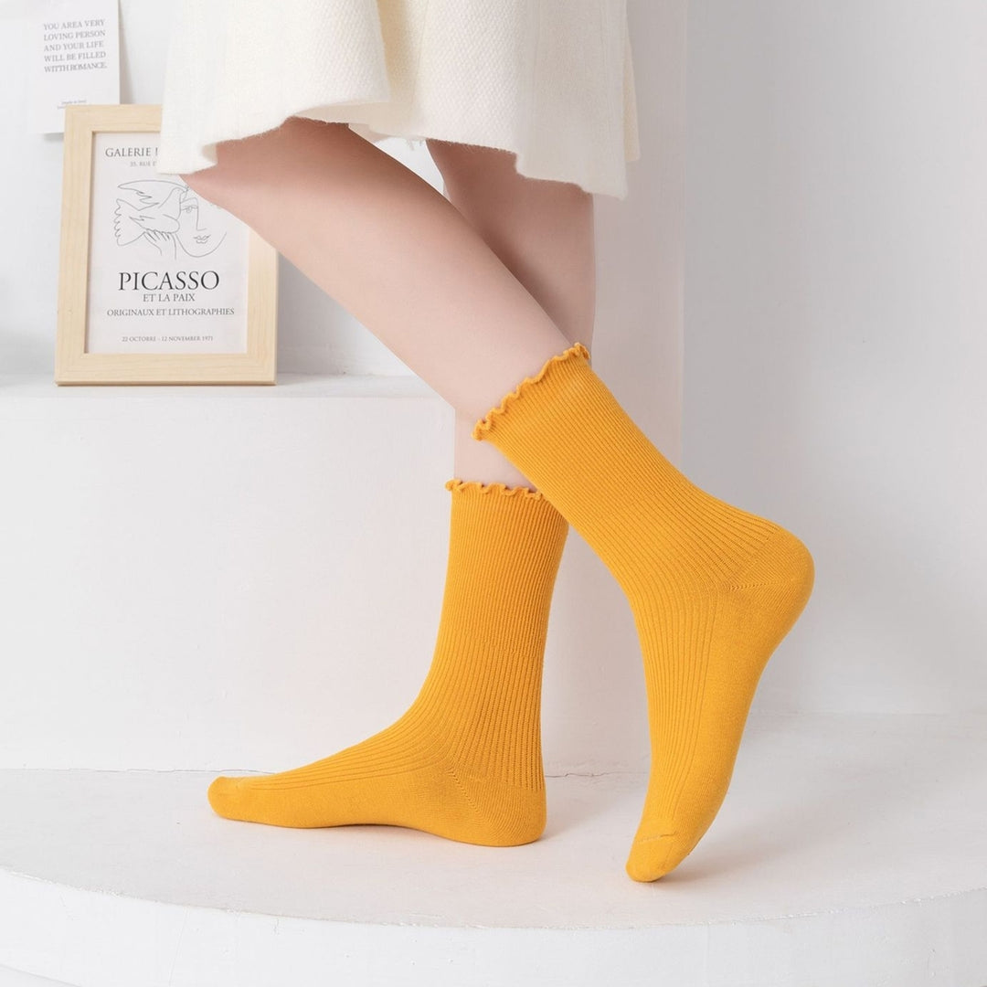 1 Pair Japanese Style Ribbed Solid Color Thermal Socks Spring Autumn Women Ruffle Cuffs Mid-Tube Socks Image 11