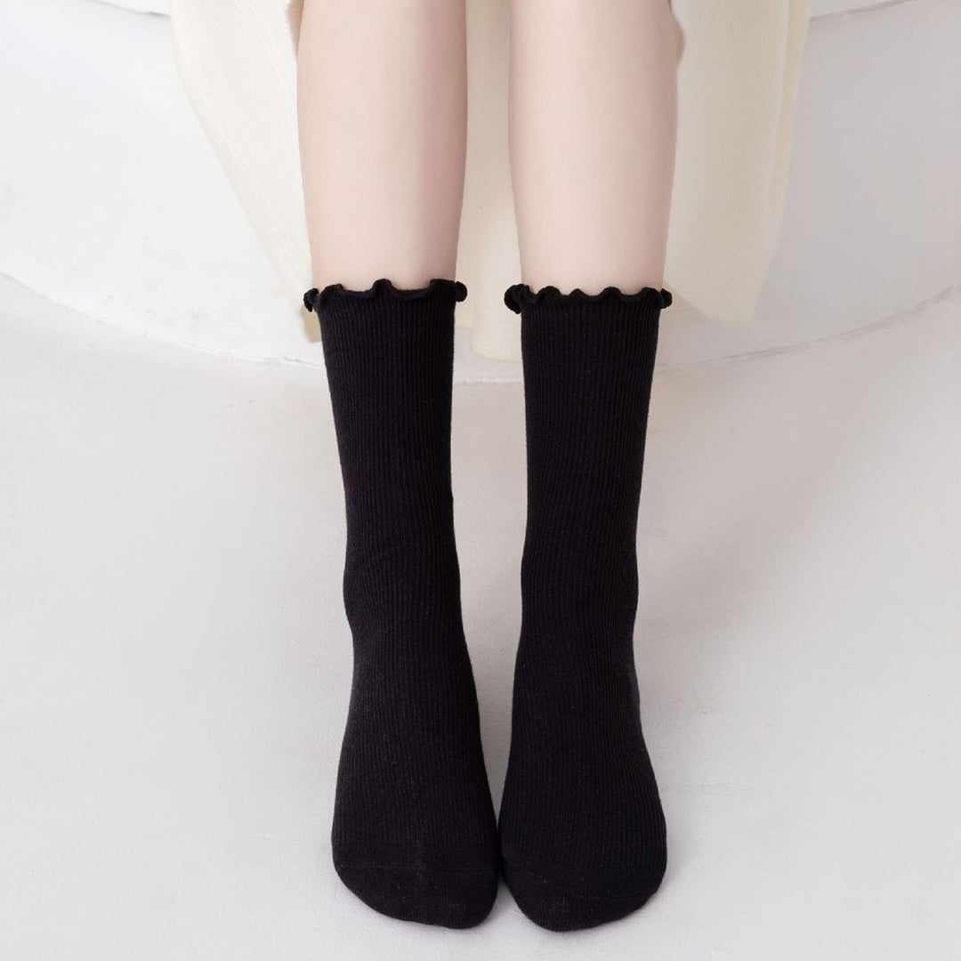 1 Pair Japanese Style Ribbed Solid Color Thermal Socks Spring Autumn Women Ruffle Cuffs Mid-Tube Socks Image 12