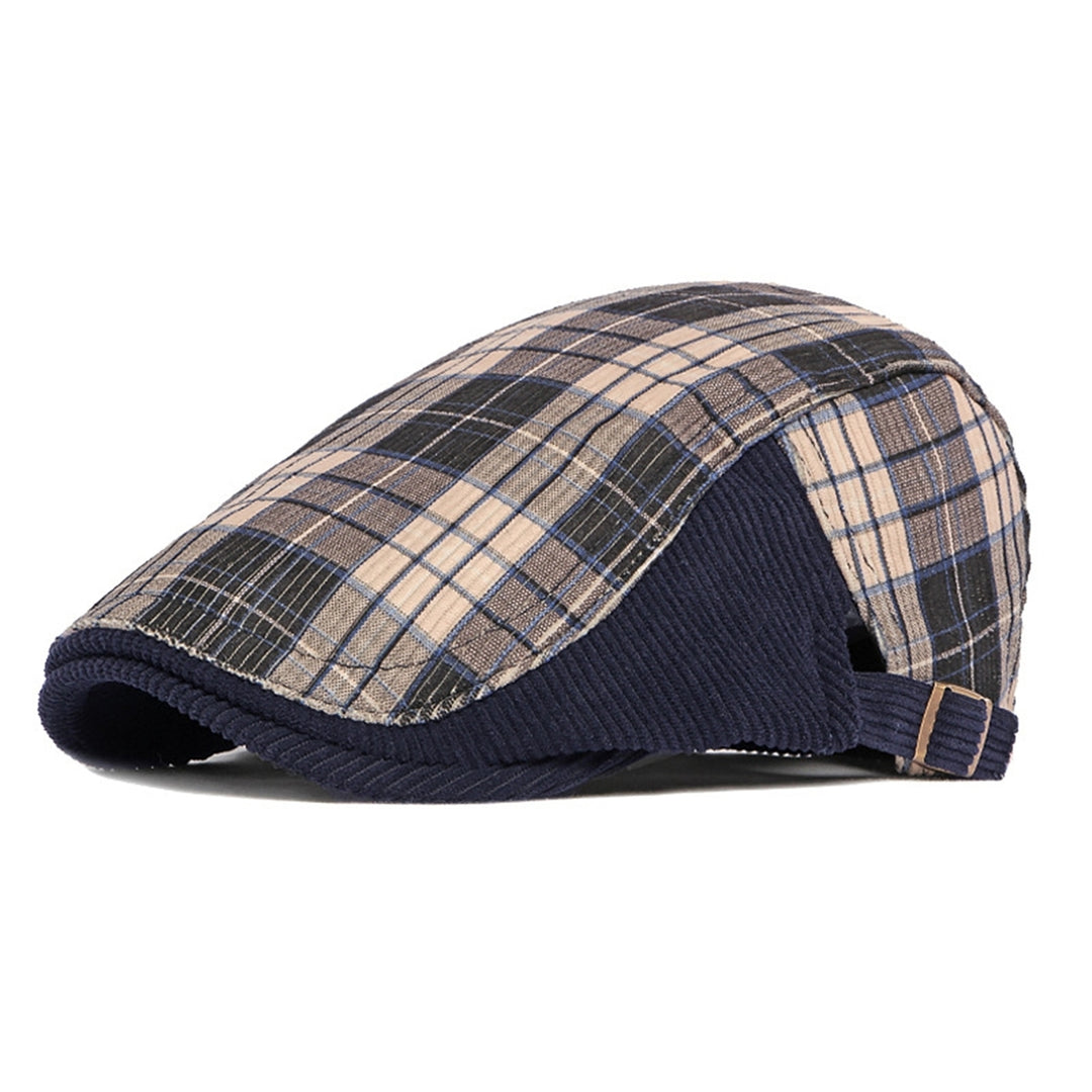 Plaid Print Patchwork Color Adjustable Buckle Beret Hat Flat Peaked Male Forward Cap Image 4