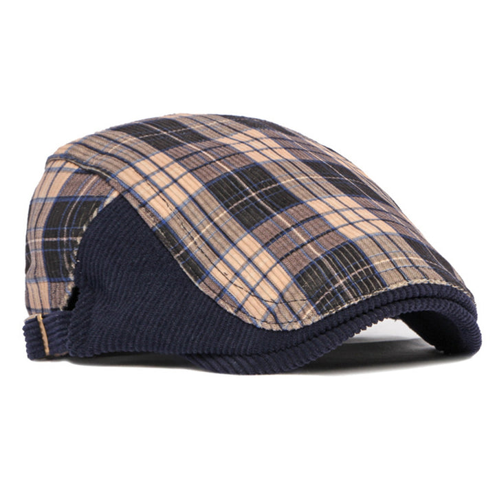 Plaid Print Patchwork Color Adjustable Buckle Beret Hat Flat Peaked Male Forward Cap Image 6