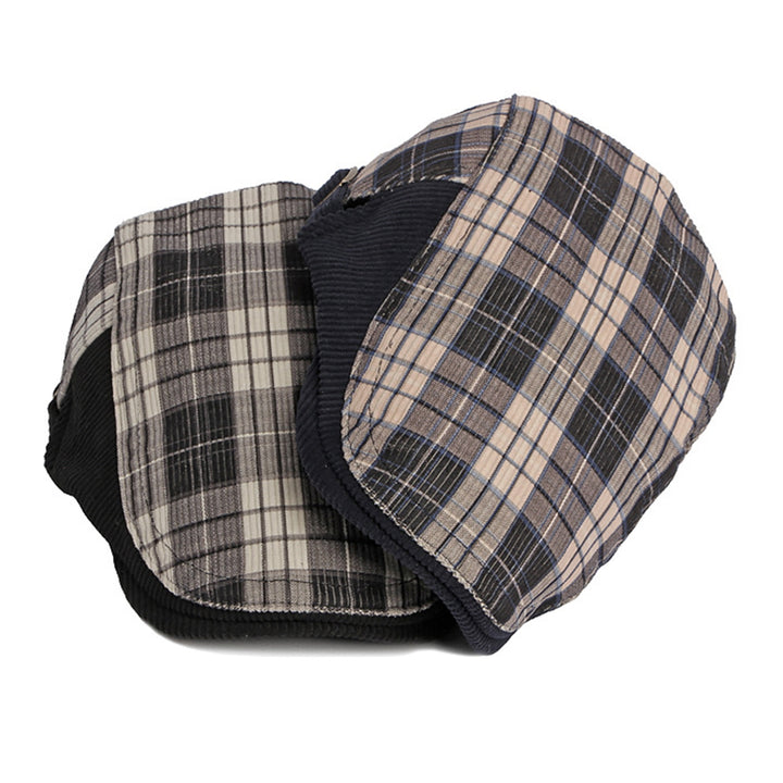 Plaid Print Patchwork Color Adjustable Buckle Beret Hat Flat Peaked Male Forward Cap Image 9