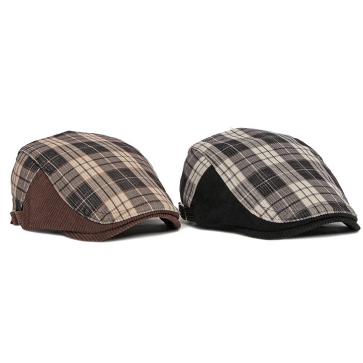 Plaid Print Patchwork Color Adjustable Buckle Beret Hat Flat Peaked Male Forward Cap Image 11