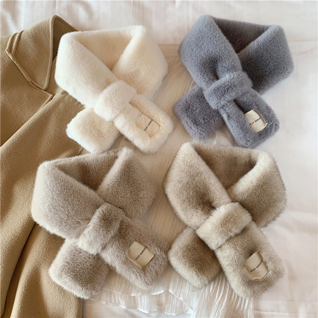 Women Scarf Cross Solid Color Plush Furry Imitation Rabbit faux Faux Collar Thicken Warm Ladies Scarf for Outdoor Image 7