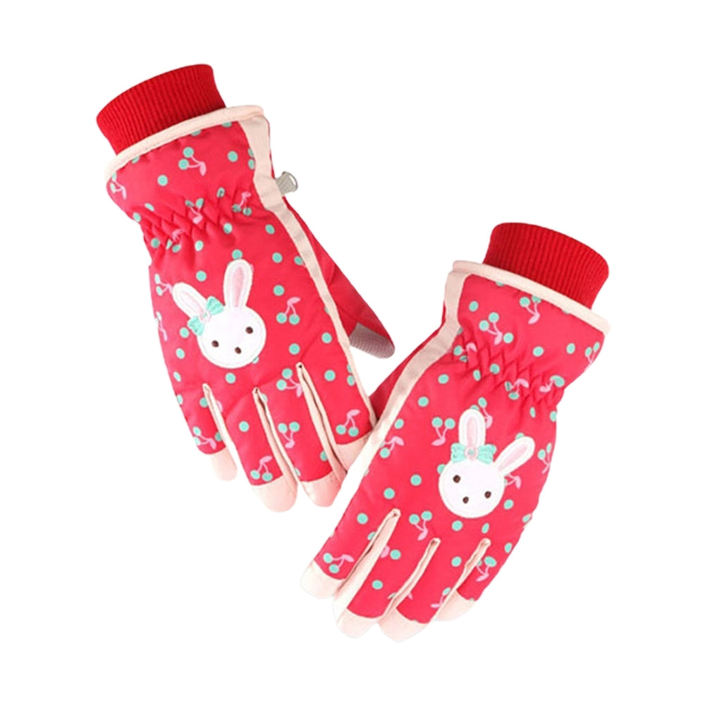 1 Pair Children Gloves Rabbit Print Cartoon Full Fingers Waterproof Windproof Keep Warm Washable Cherry Pattern Skiing Image 2