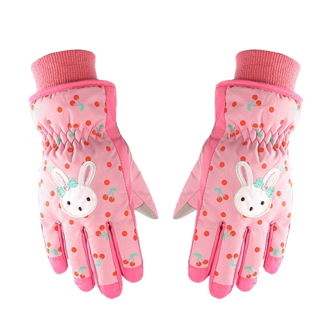 1 Pair Children Gloves Rabbit Print Cartoon Full Fingers Waterproof Windproof Keep Warm Washable Cherry Pattern Skiing Image 1