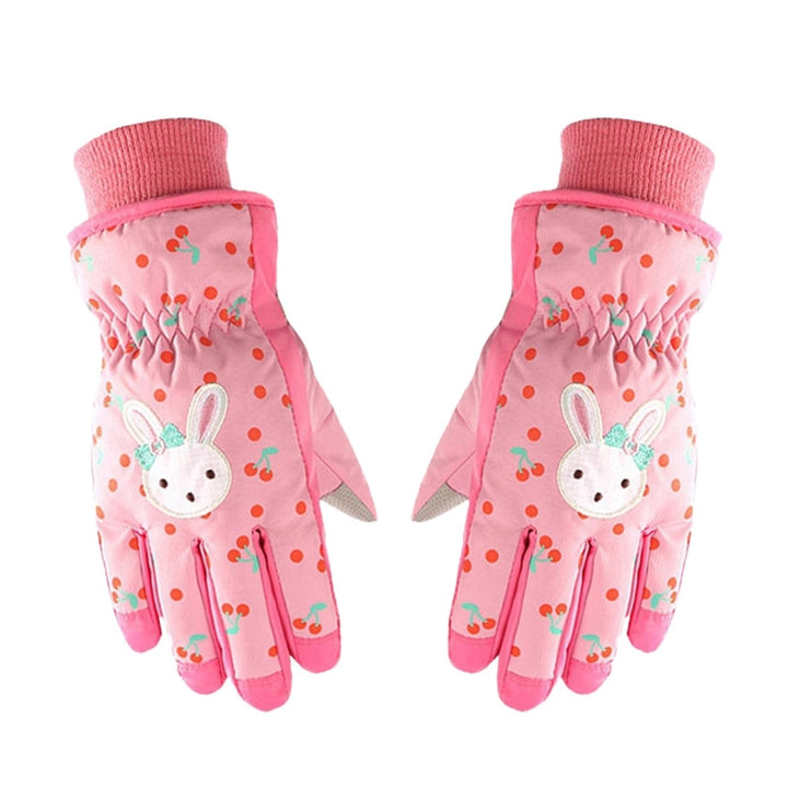 1 Pair Children Gloves Rabbit Print Cartoon Full Fingers Waterproof Windproof Keep Warm Washable Cherry Pattern Skiing Image 1