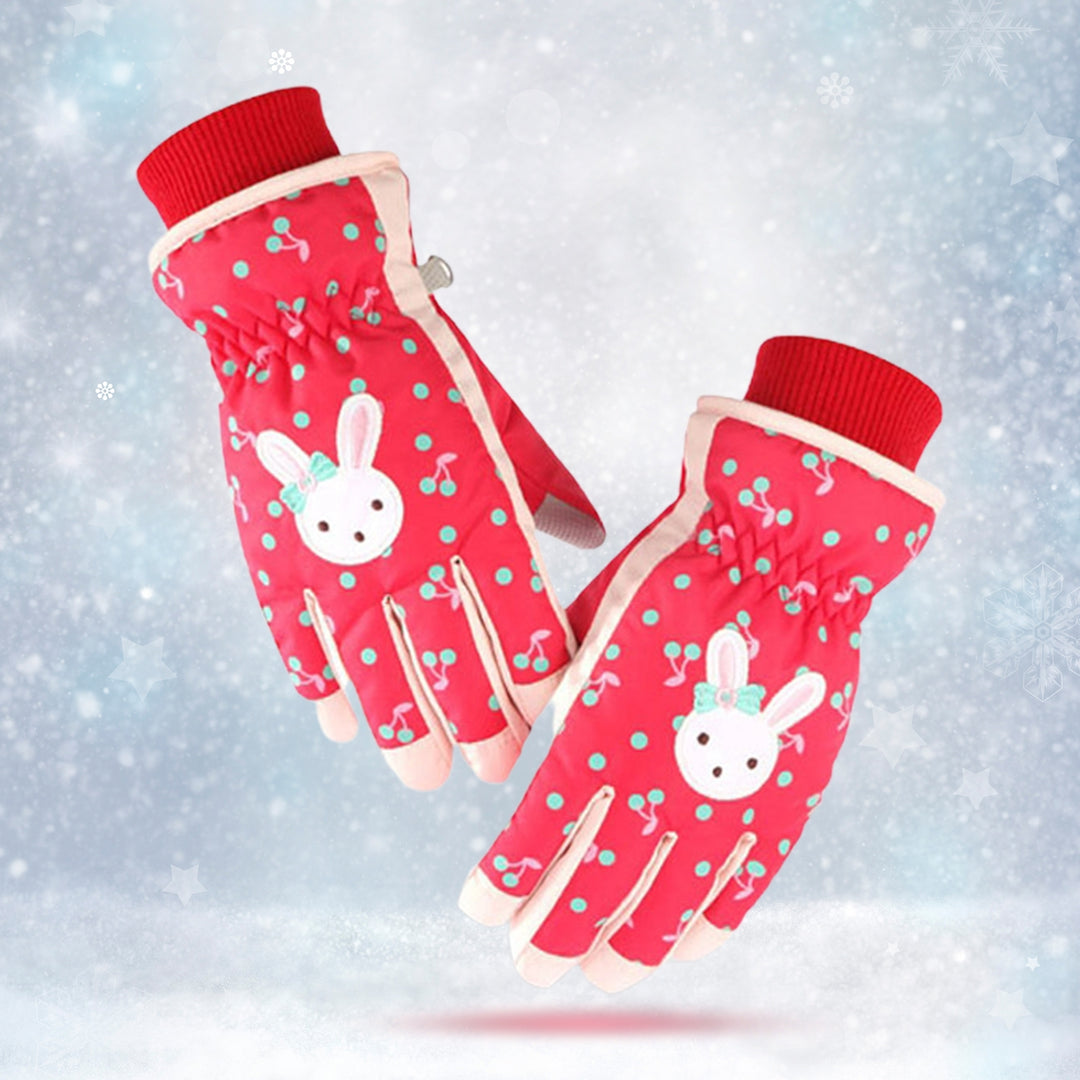 1 Pair Children Gloves Rabbit Print Cartoon Full Fingers Waterproof Windproof Keep Warm Washable Cherry Pattern Skiing Image 4