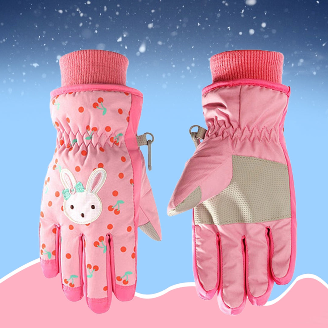 1 Pair Children Gloves Rabbit Print Cartoon Full Fingers Waterproof Windproof Keep Warm Washable Cherry Pattern Skiing Image 6