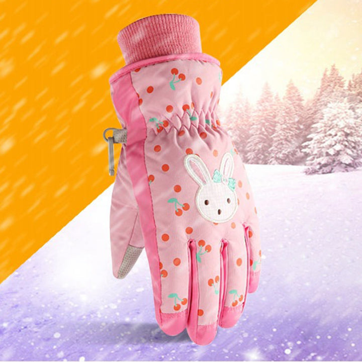 1 Pair Children Gloves Rabbit Print Cartoon Full Fingers Waterproof Windproof Keep Warm Washable Cherry Pattern Skiing Image 7