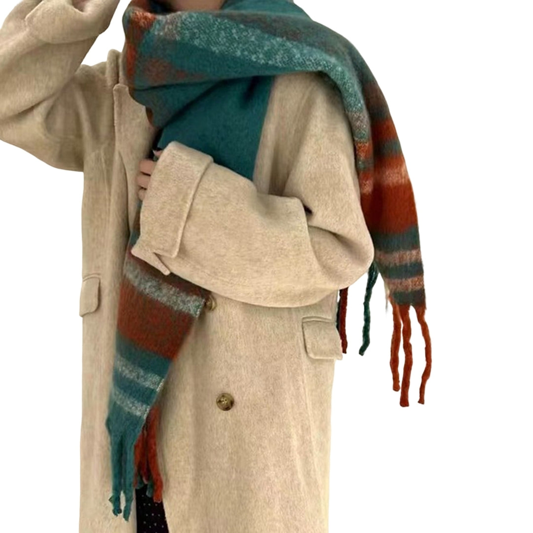 Women Winter Scarf Contrast Color Thicken Soft Tassel Lightweight Keep Warm Wide Elegant Winter Shawl for Daily Wear Image 9