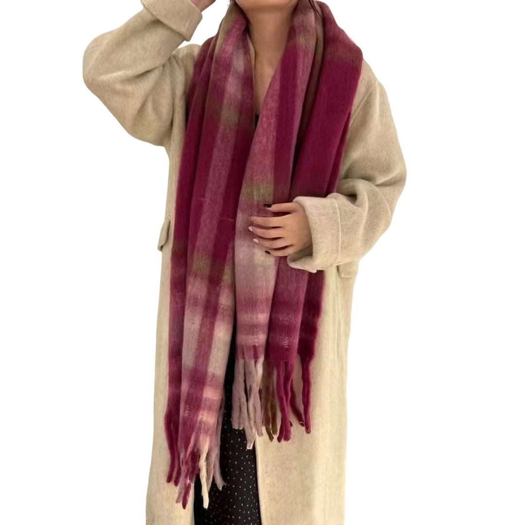 Women Winter Scarf Contrast Color Thicken Soft Tassel Lightweight Keep Warm Wide Elegant Winter Shawl for Daily Wear Image 1