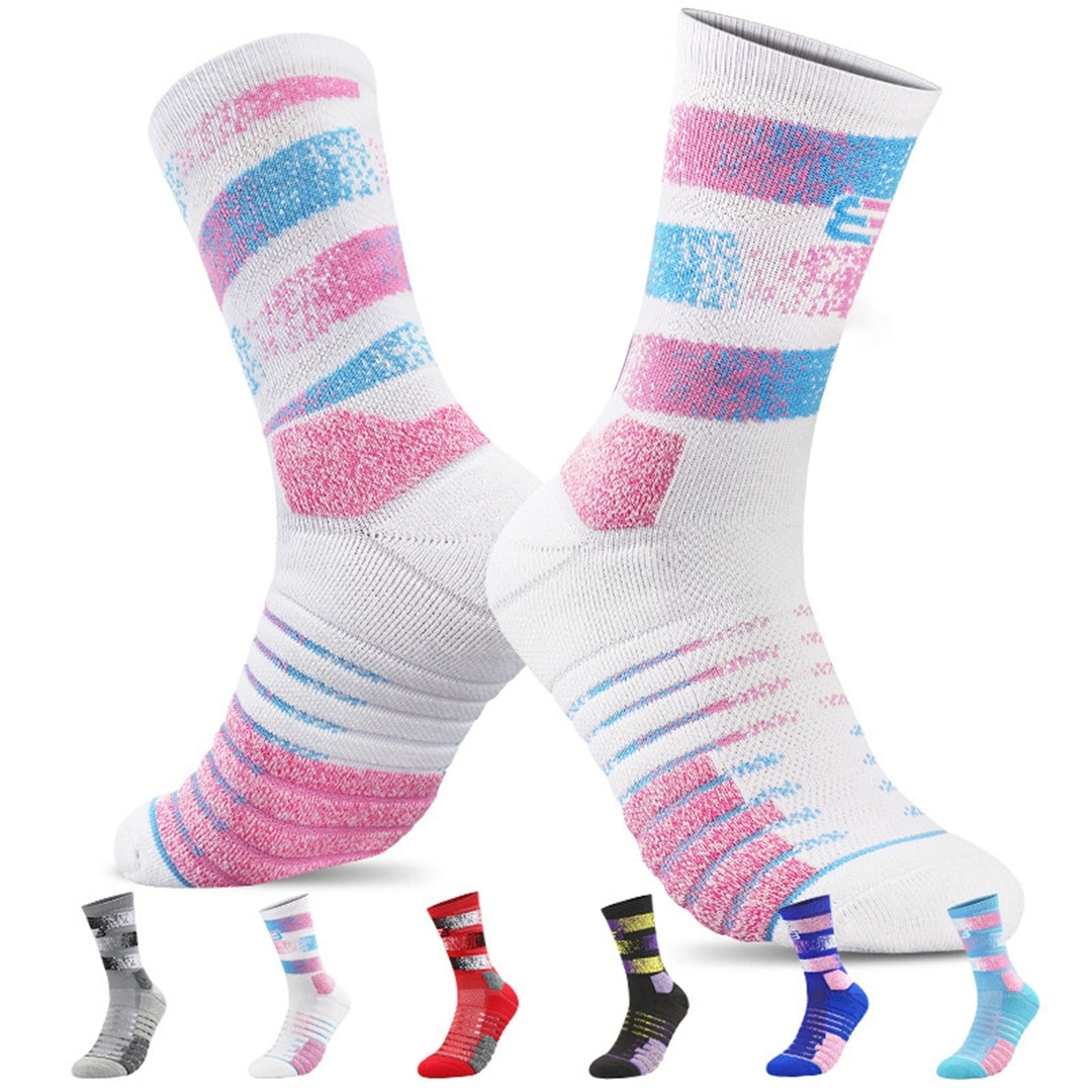 1 Pair Striped Print Mid-Tube Thick Breathable Elastic Sports Socks Women Men Anti-slip Towel Bottoms Professional Image 1