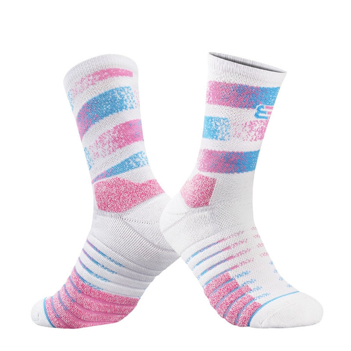 1 Pair Striped Print Mid-Tube Thick Breathable Elastic Sports Socks Women Men Anti-slip Towel Bottoms Professional Image 3