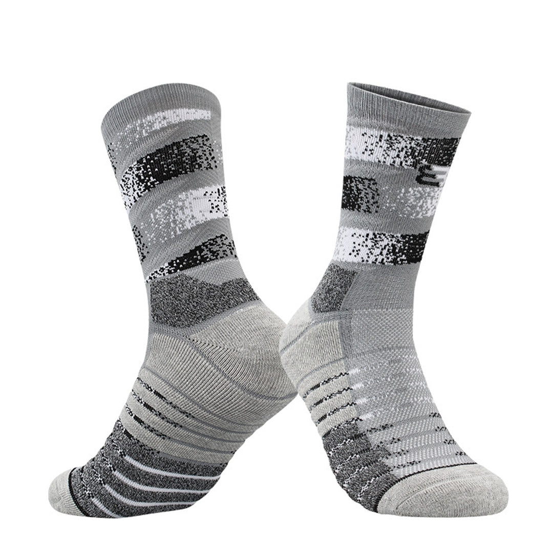 1 Pair Striped Print Mid-Tube Thick Breathable Elastic Sports Socks Women Men Anti-slip Towel Bottoms Professional Image 4