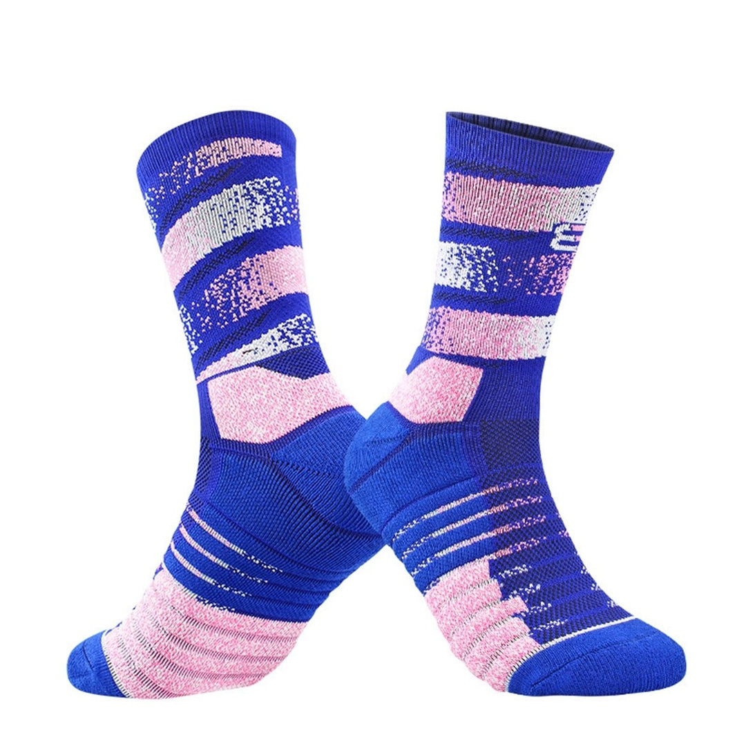 1 Pair Striped Print Mid-Tube Thick Breathable Elastic Sports Socks Women Men Anti-slip Towel Bottoms Professional Image 1