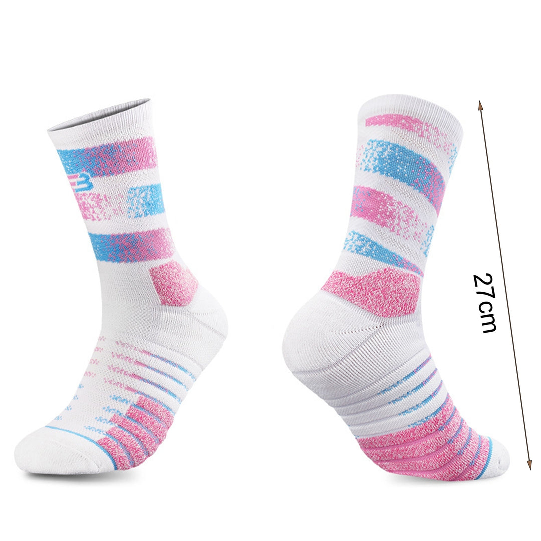 1 Pair Striped Print Mid-Tube Thick Breathable Elastic Sports Socks Women Men Anti-slip Towel Bottoms Professional Image 11
