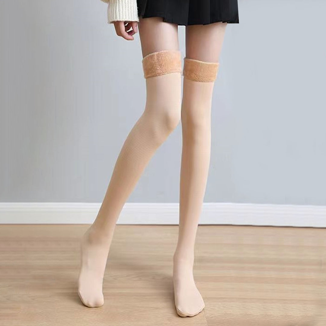 1 Pair Women Stockings Elastic Fleece High Elasticity Soft Floor Socks Warm Thick Solid Color Winter Long Socks for Image 11