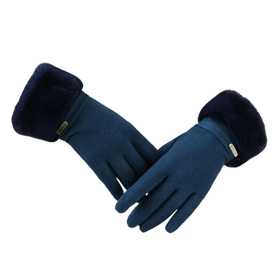 1 Pair Women Gloves Touch Screen Full Finger Solid Color Thickened Imitation Cashmere Windproof Furry Cuff Gloves for Image 4