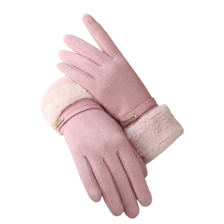 1 Pair Women Gloves Touch Screen Full Finger Solid Color Thickened Imitation Cashmere Windproof Furry Cuff Gloves for Image 1