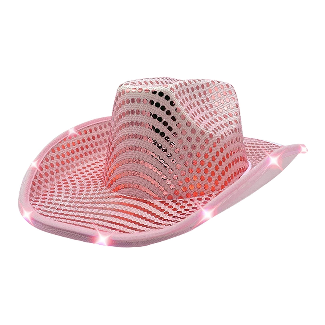 Unisex Jazz Hat Sequin Sun Protection Luminous Cap Stage Performance Shiny Rolled Brim Dance Hat with Light for Club Image 3