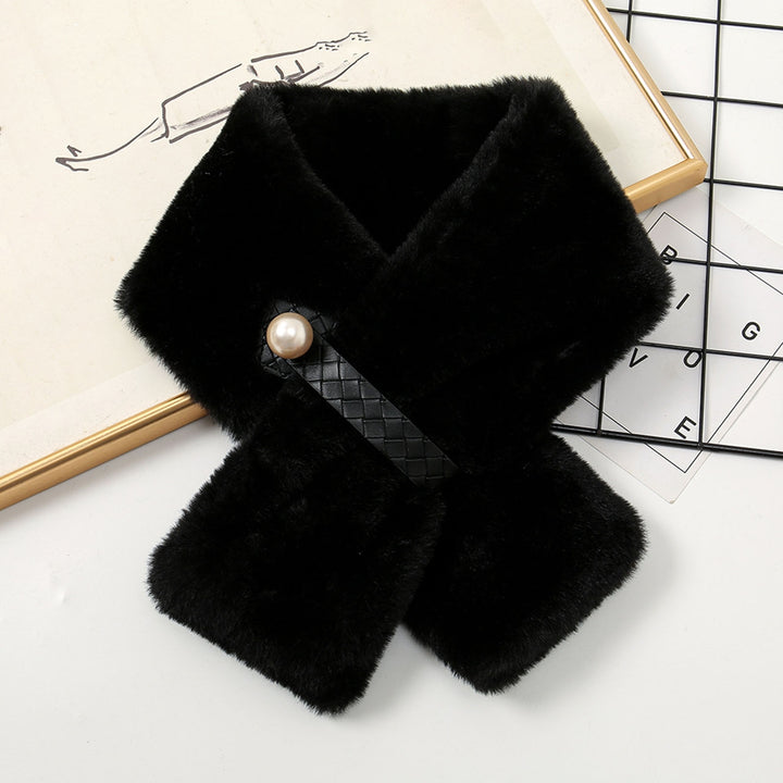 Faux Pearl Buckle Wide Thermal Scarf Female Autumn Winter Double-sided Imitation Cashmere Cross Collar Scarf Image 9