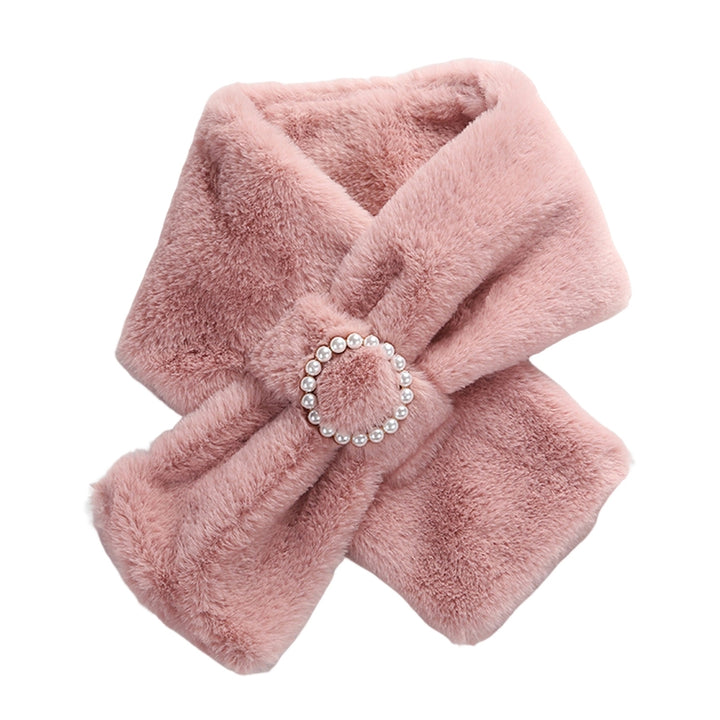 Women Scarf Cross Double Sided Faux Pearls Button Furry Imitation Rabbit Fur Thicken Neck Protection Thermal Scarf for Image 1