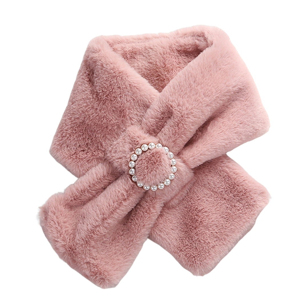 Women Scarf Cross Double Sided Faux Pearls Button Furry Imitation Rabbit faux Thicken Neck Protection Thermal Scarf for Image 4