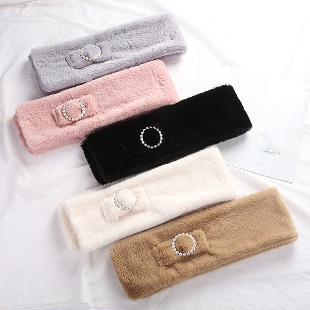 Women Scarf Cross Double Sided Faux Pearls Button Furry Imitation Rabbit faux Thicken Neck Protection Thermal Scarf for Image 7