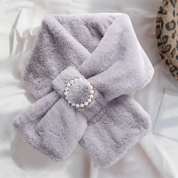Women Scarf Cross Double Sided Faux Pearls Button Furry Imitation Rabbit faux Thicken Neck Protection Thermal Scarf for Image 8