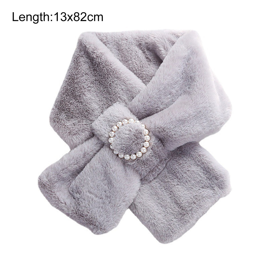 Women Scarf Cross Double Sided Faux Pearls Button Furry Imitation Rabbit faux Thicken Neck Protection Thermal Scarf for Image 10