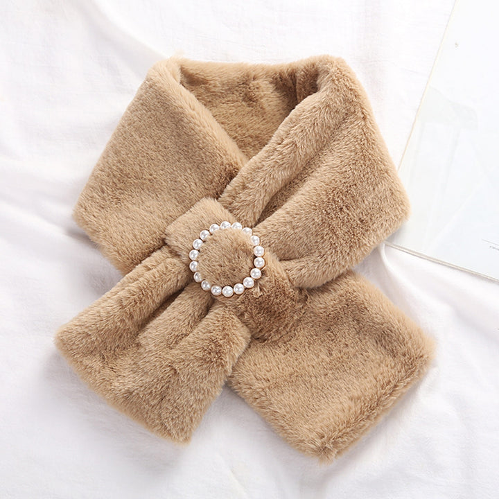 Women Scarf Cross Double Sided Faux Pearls Button Furry Imitation Rabbit faux Thicken Neck Protection Thermal Scarf for Image 11