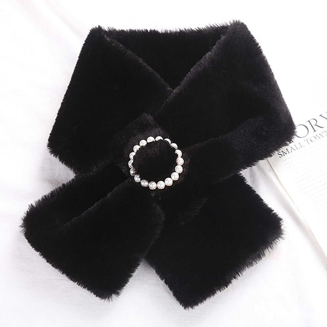 Women Scarf Cross Double Sided Faux Pearls Button Furry Imitation Rabbit faux Thicken Neck Protection Thermal Scarf for Image 12