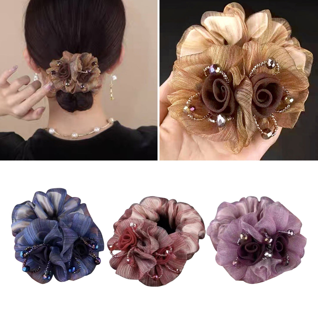 Hair Band Flower Decor Soft Fabric Beads Hair Rope Anti-fall Hair-fixed High Elasticity Long-lasting Ponytail Holder Image 7