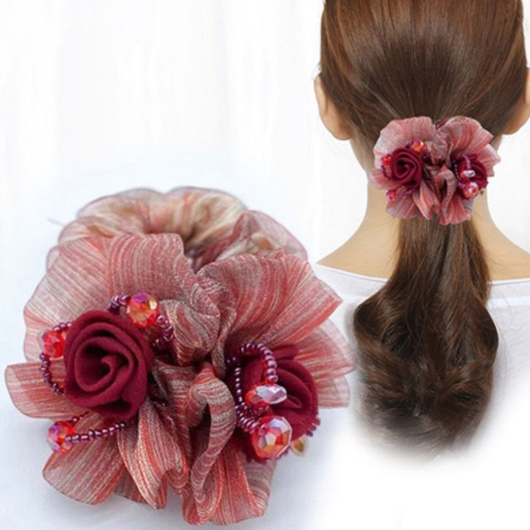 Hair Band Flower Decor Soft Fabric Beads Hair Rope Anti-fall Hair-fixed High Elasticity Long-lasting Ponytail Holder Image 8