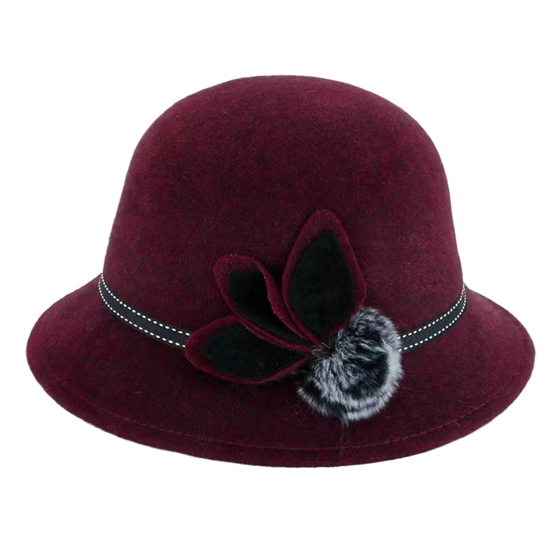 Lady Hat Elegant Wide Brim Keep Warm Solid Color Winter Autumn Ladies Dome Hat with Flower for Daily Wear Image 1