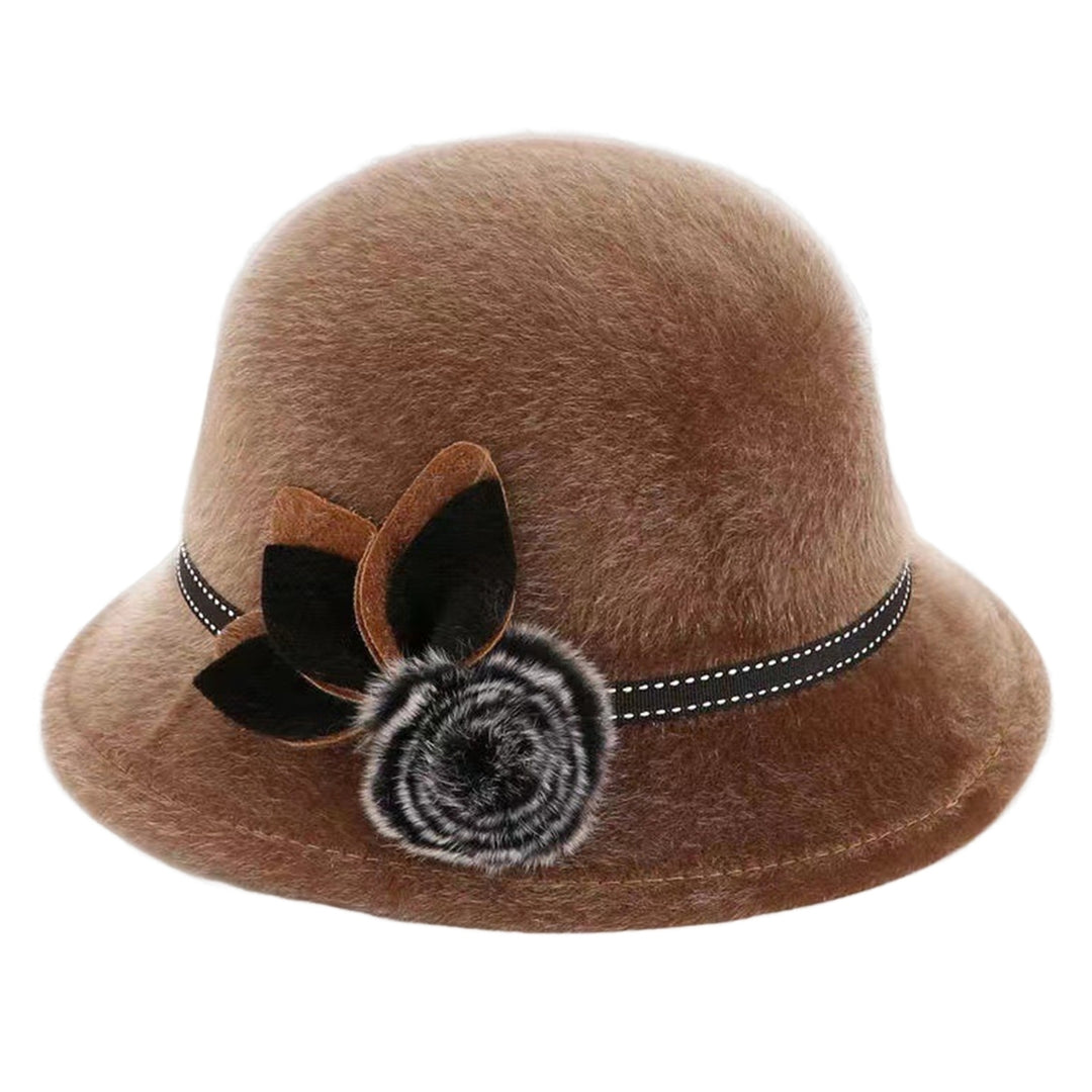 Lady Hat Elegant Wide Brim Keep Warm Solid Color Winter Autumn Ladies Dome Hat with Flower for Daily Wear Image 3