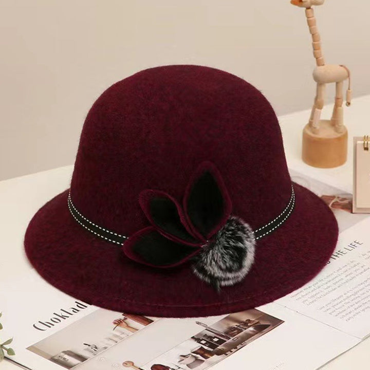 Lady Hat Elegant Wide Brim Keep Warm Solid Color Winter Autumn Ladies Dome Hat with Flower for Daily Wear Image 4