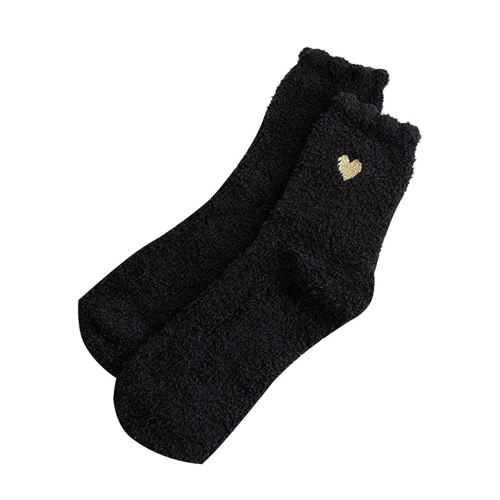 1 Pair Winter Women Floor Socks Heart Pattern Embroidery Solid Color Stretchy Coral Fleece Middle Tube Socks for Daily Image 1