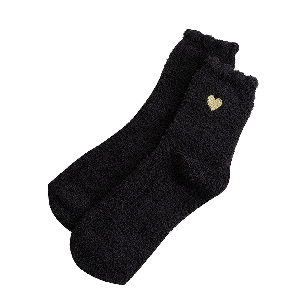 1 Pair Winter Women Floor Socks Heart Pattern Embroidery Solid Color Stretchy Coral Fleece Middle Tube Socks for Daily Image 2