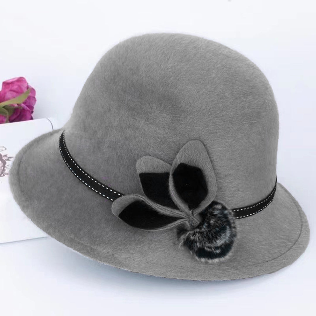 Lady Hat Elegant Wide Brim Keep Warm Solid Color Winter Autumn Ladies Dome Hat with Flower for Daily Wear Image 4